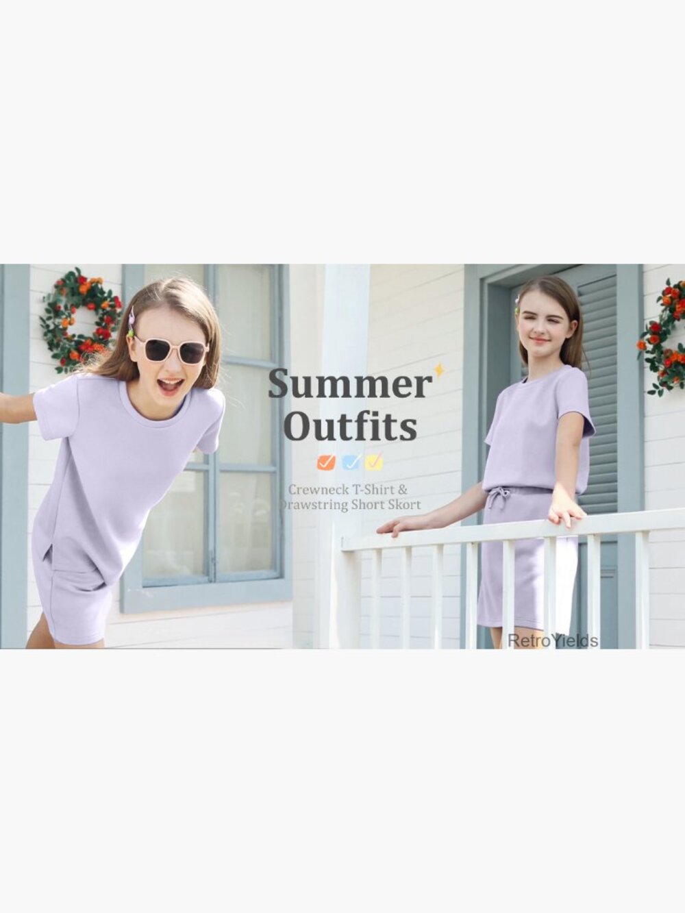 Girls Skirt Set 2 Piece Short Sleeve Tee with Pockets Skort Summer Outfit - Picture 6 of 7